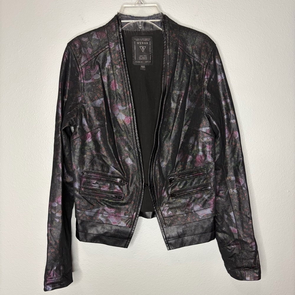 Guess Metallic Faux Leather Moto Jacket Small Floral Zipper Techy Rose Punk Goth